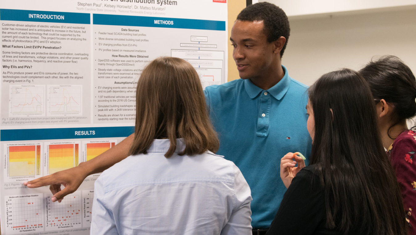 A group of people viewing a scientific poster.