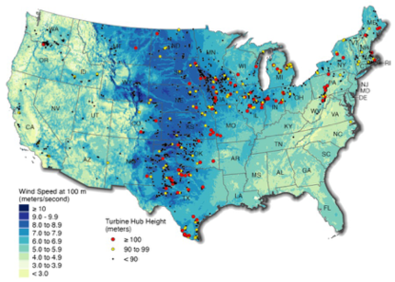 Location of tall-tower turbine installations from the Land-Based Wind Market Report: 2023 Edition.