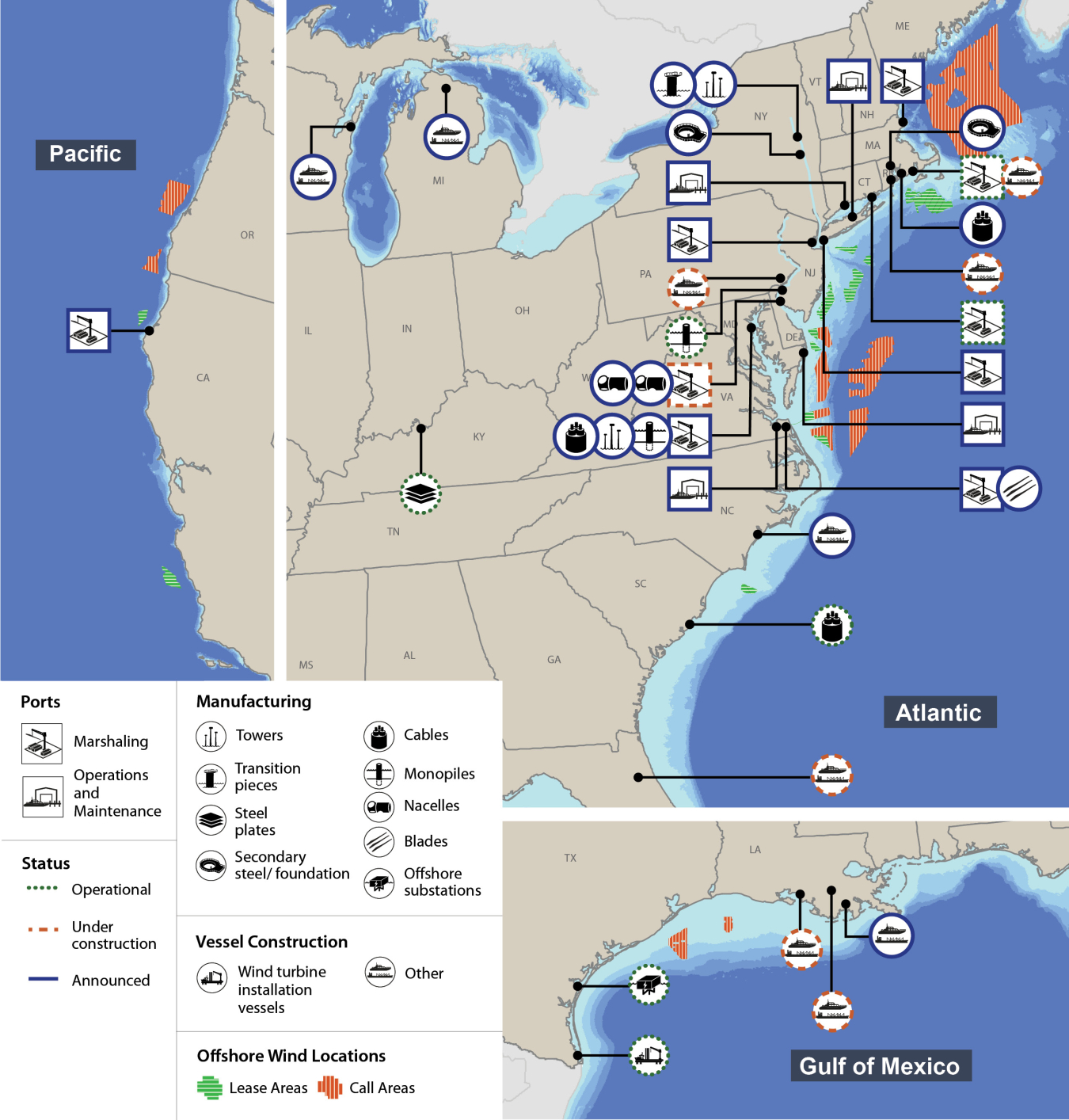 Map showing location of U.S. investments in ports, component manufacturing facilities, and vessels for offshore wind