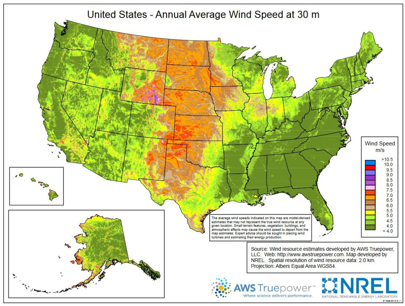 A map of the United States colored by wind speed at 30 meters hub height.