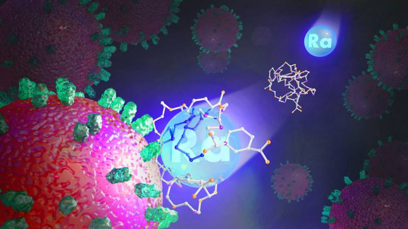 This image depicts a binding molecule delivering radium-223 to a cancer cell.