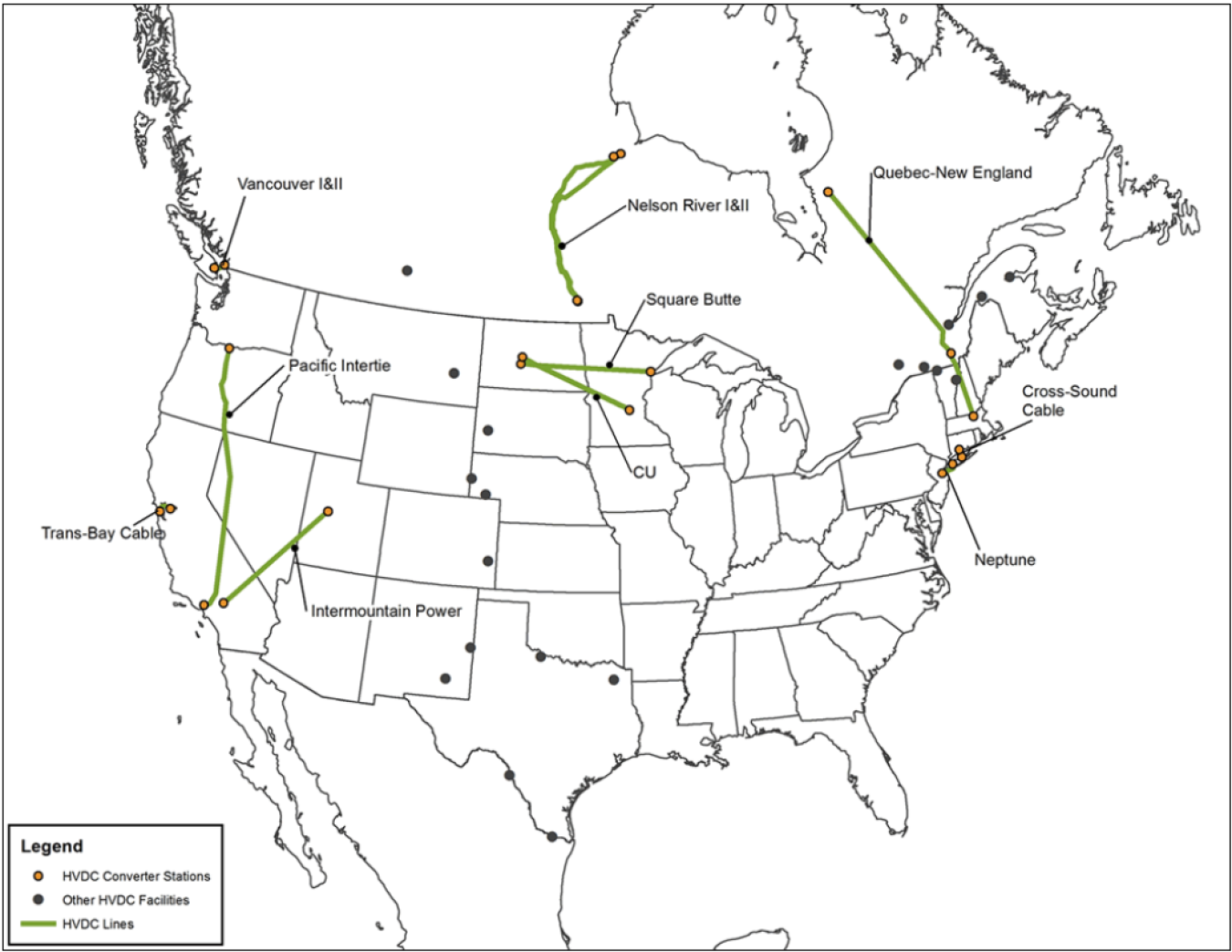Figure 1 Existing HVDC Lines and Interties in North America