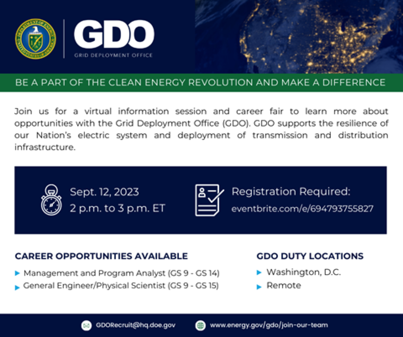 Join us for a virtual information session and career fair to learn more about opportunities with the Grid Deployment Office (GDO). GDO supports the resilience of our Nation's electric system and deployment of transmission and distribution infrastructure.