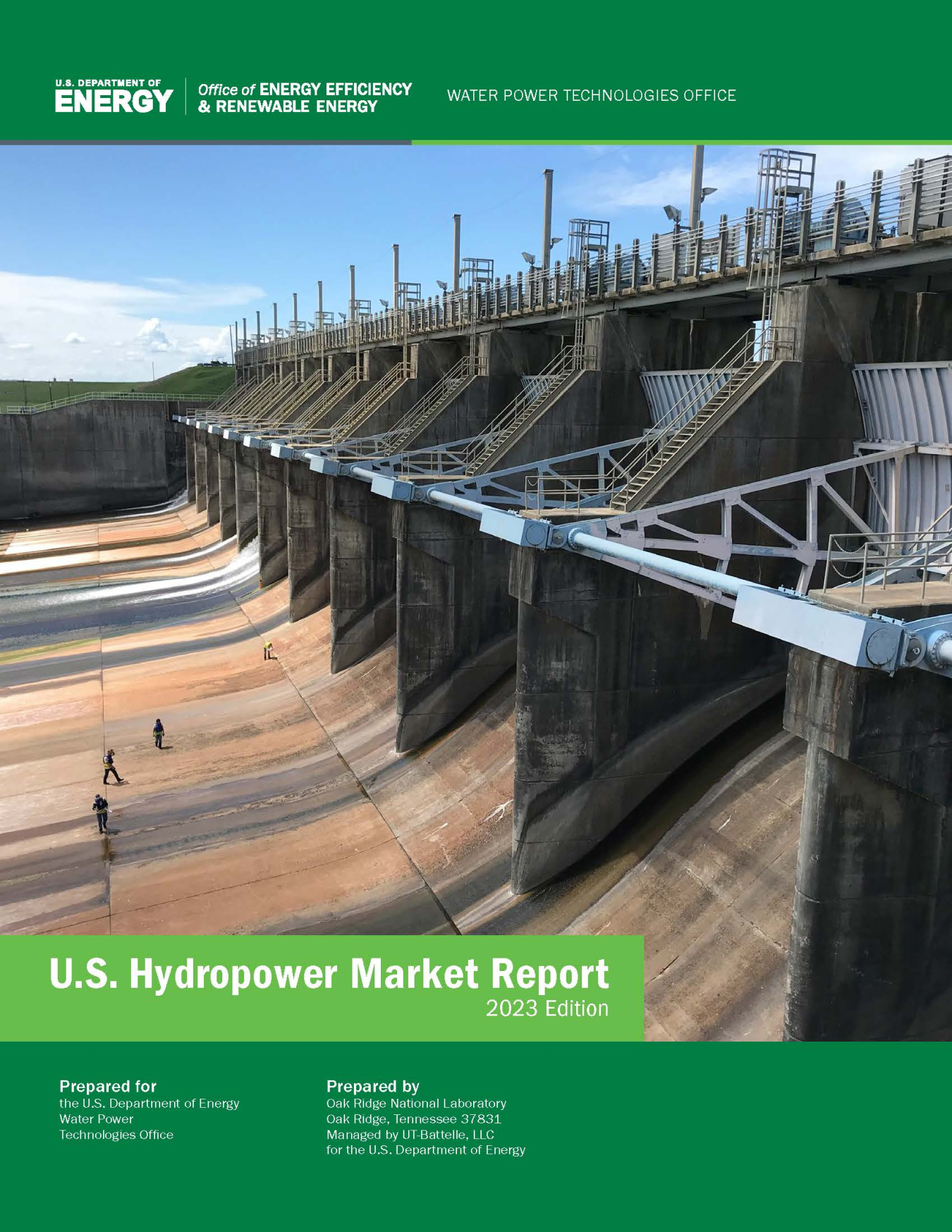 The cover of the Department of Energy's 2023 U.S. Hydropower Market Report showing a large dam with people standing along the spillway