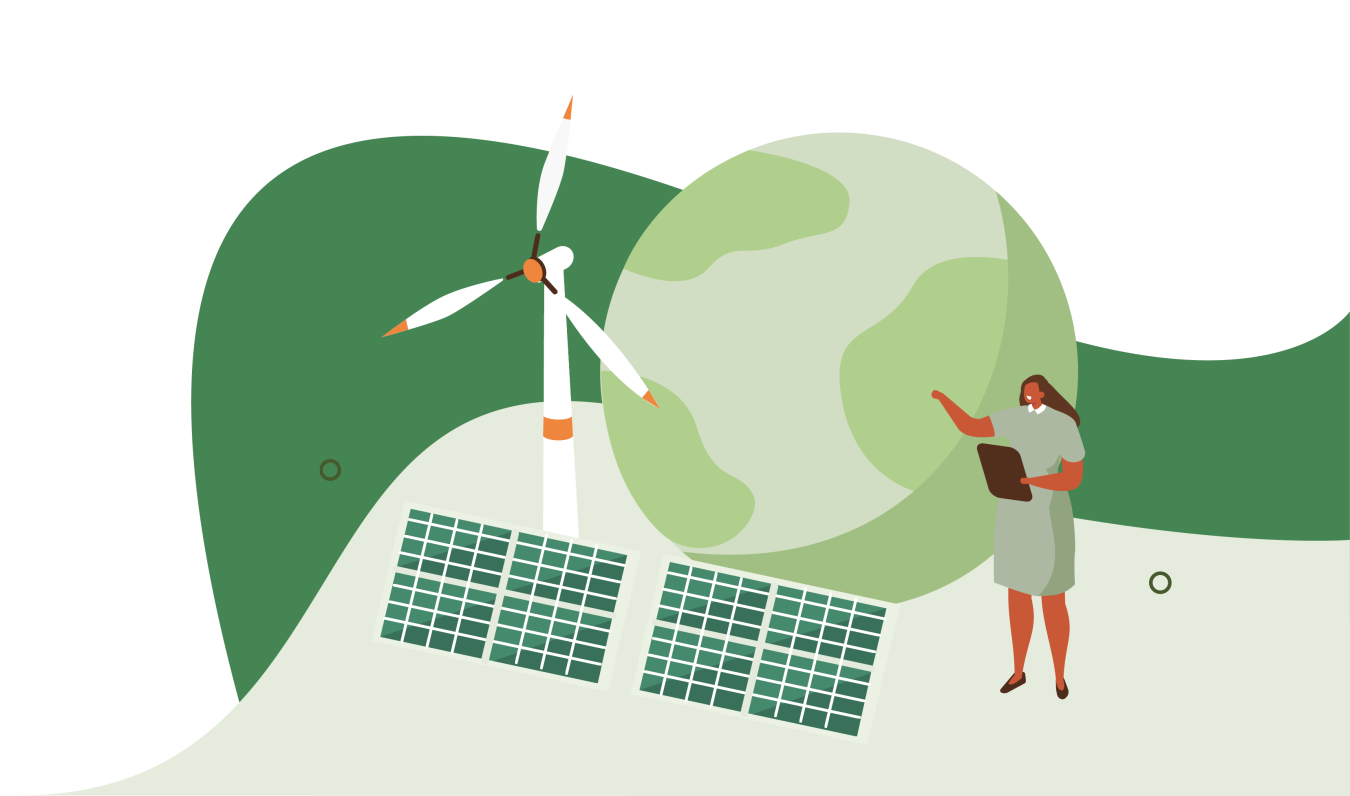 woman pointing to green earth with solar panel and wind turbine