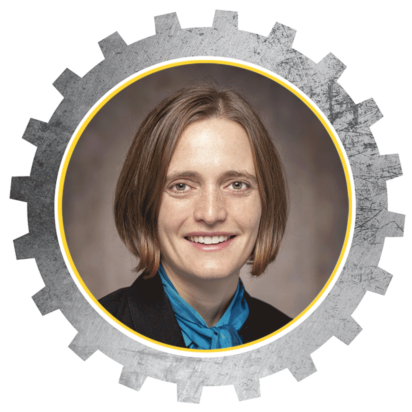 Headshot of a woman smiling inside a designed cog.