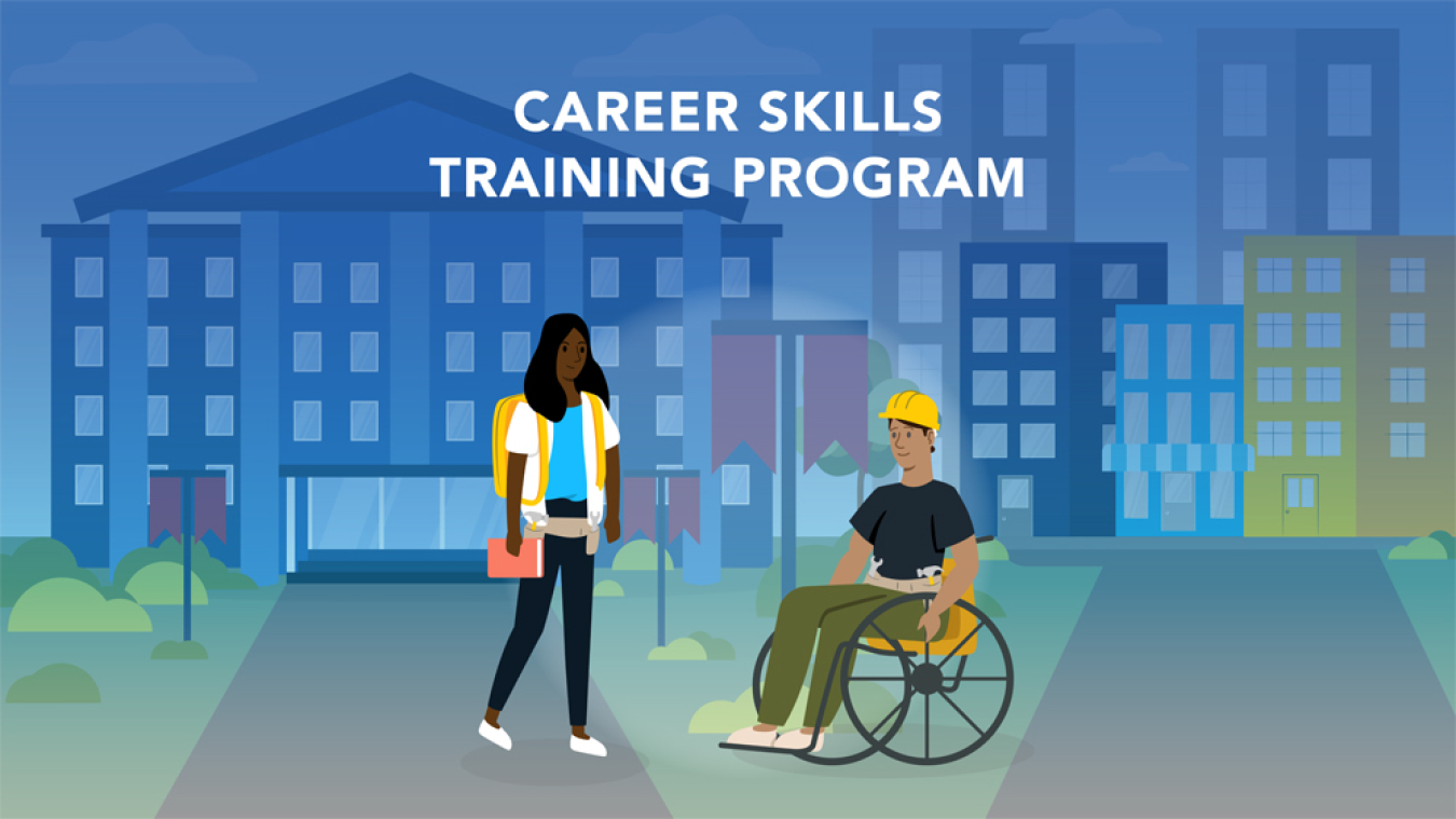 A banner with two people, one in a wheelchair, in front of buildings. The words "Career Skills Training Program" are written above them.