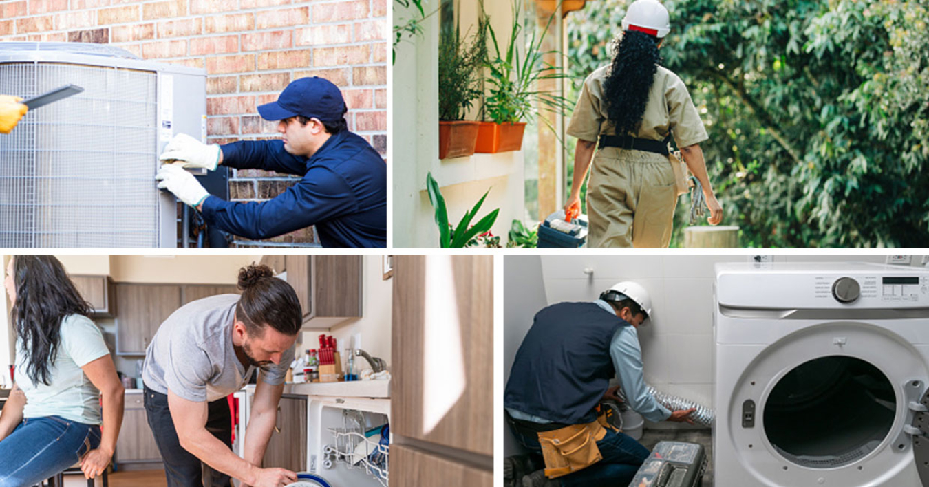 Collage of energy appliances and workers.