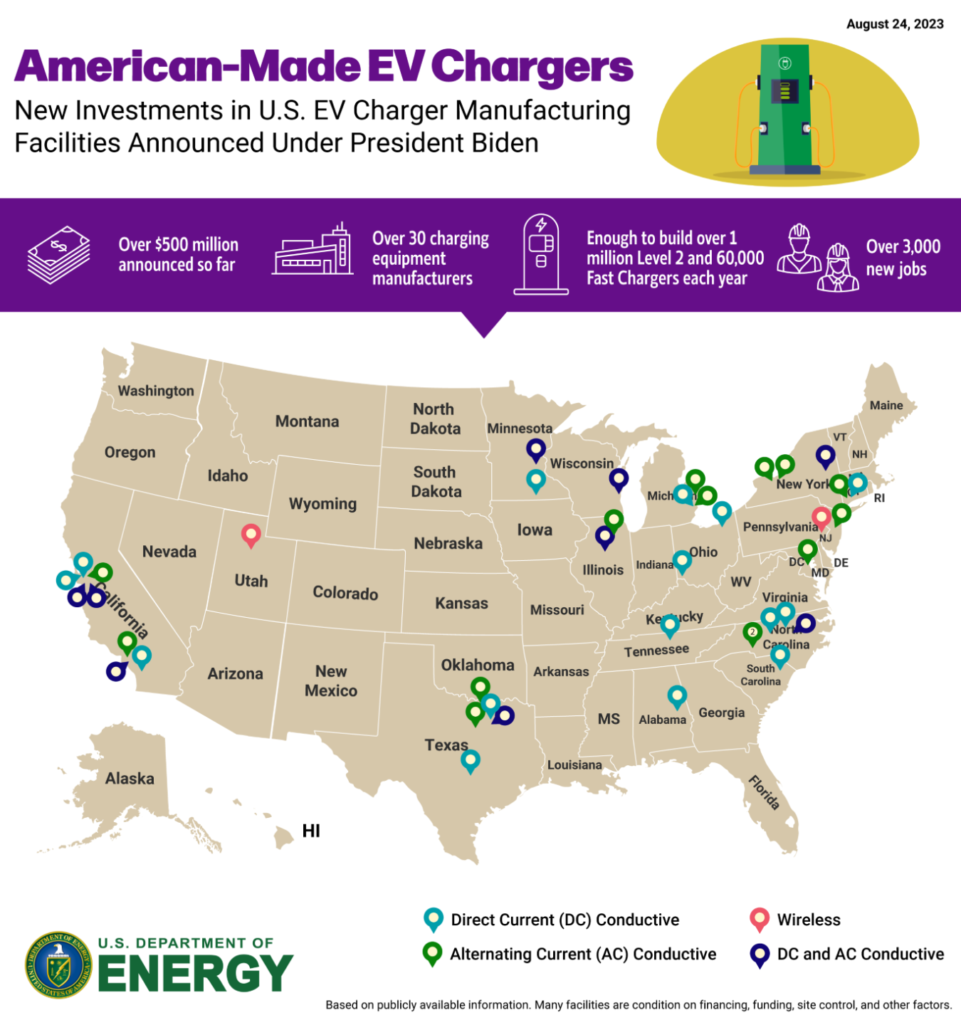 Map of U.S. electric vehicle charging locations, as of Aug. 24, 2023