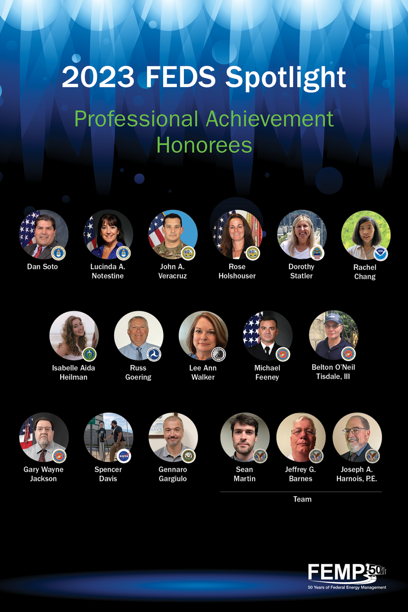 "FEMP FEDS Spotlight Professional Achievement Honorees" followed by 17 names of honorees with accompanying headshots as well as the insignia of the federal agencies they work for.