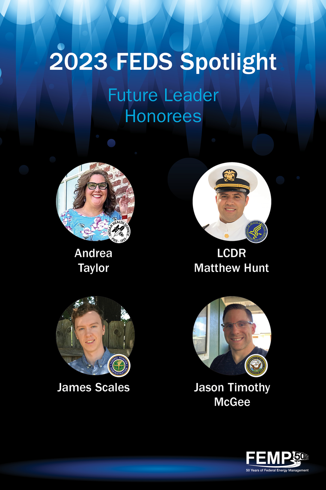 "FEMP FEDS Spotlight Future Leaders Honorees: Andrea Taylor, LCDR Matthew Hunt, James Scales, and Jason Timothy McGee." Headshots of each honoree are included next to their names as well as the insignia of the federal agencies they work for. 