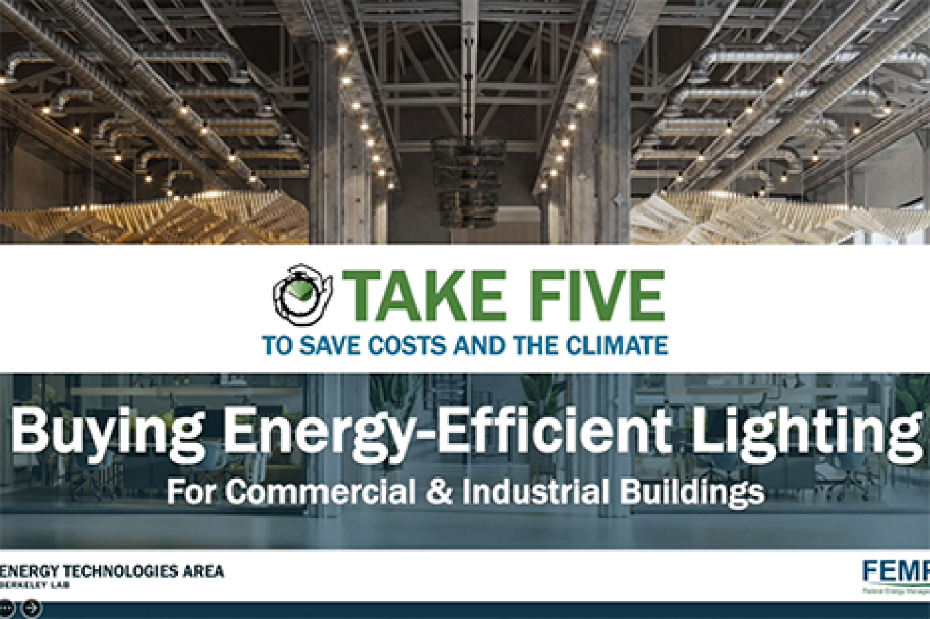 Screenshot from the video with text, "Take Five to Save Costs and the Climate. Buying Energy-Efficient Lighting for Commercial and Industrial Buildings." At the bottom are logos for the Lawrence Berkeley National Laboratories' Energy Technologies Area and the National Renewable Energy Laboratory.