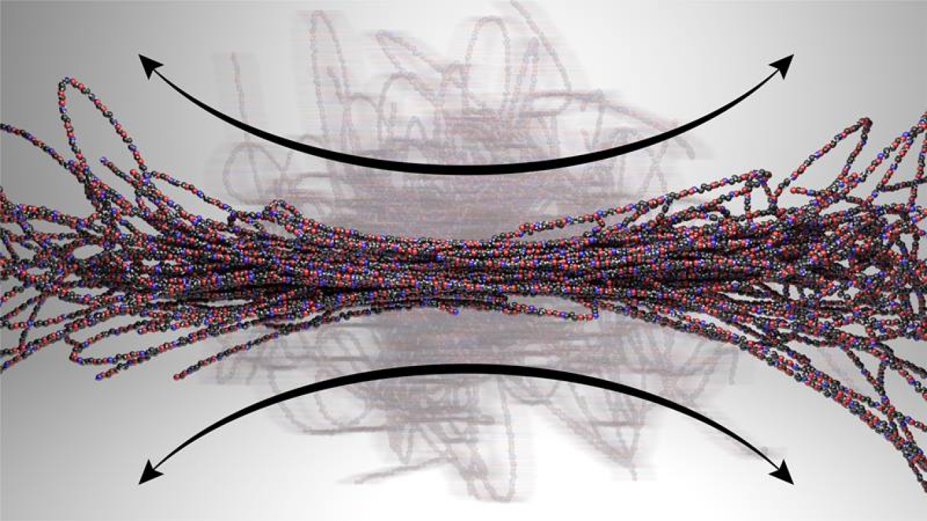 Models of polymer molecular chains illustrate the changing dynamics during melting in manufacturing. The background image suggests the many molecular configurations possible due to Brownian motion in the polymer as the chains gain freedom and deform.