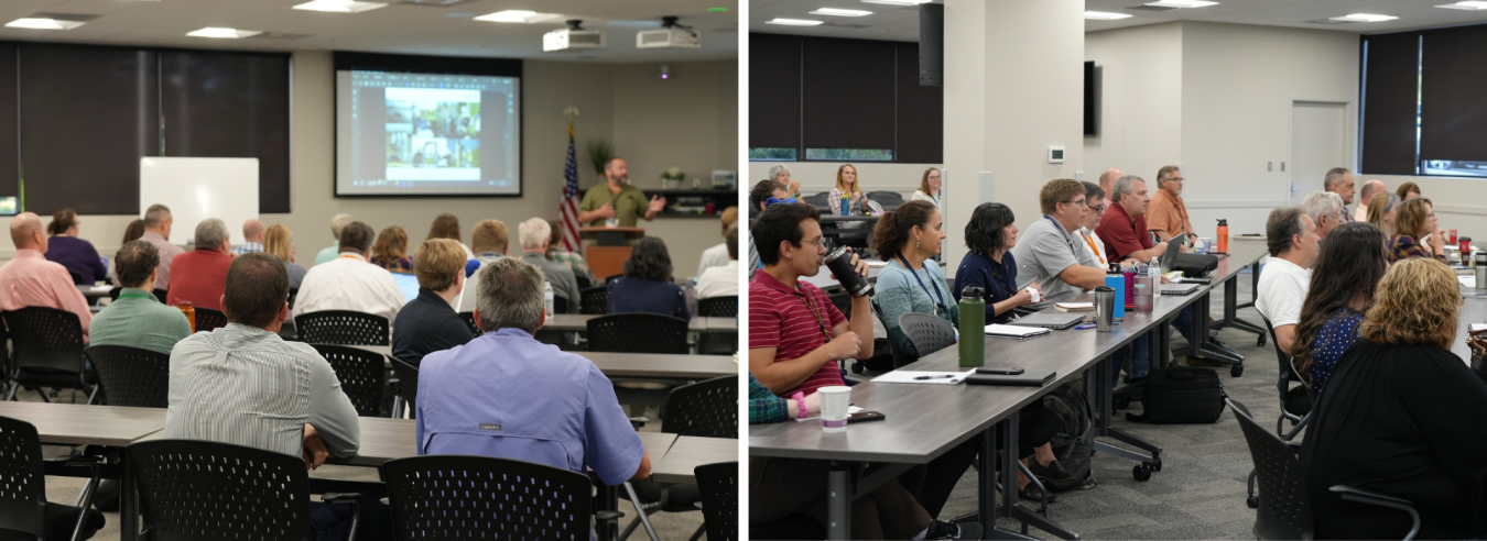 Two side by side photos show a group of people in classroom listening to speaker.