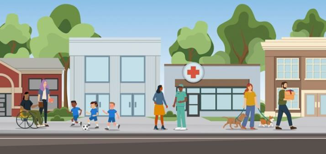 Illustration of buildings and community members walking on sidewalk