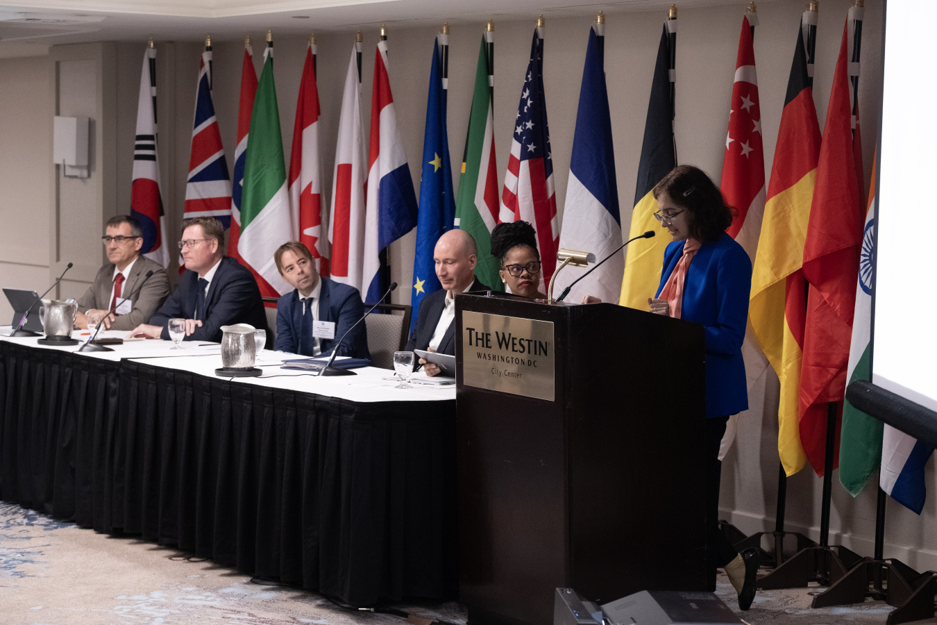Six leaders from DOE and IPHE sit at a conference table in front of a row of flags from multiple countries.