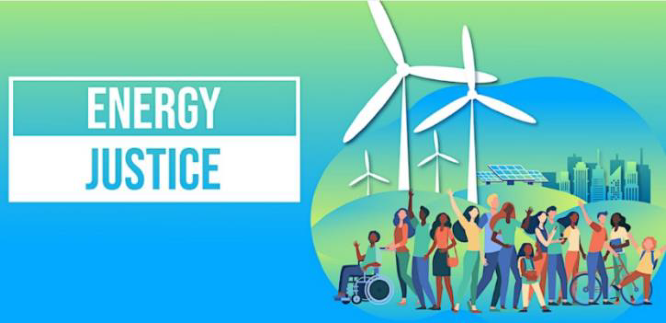 Energy Justice text and illustration of community and wind farm
