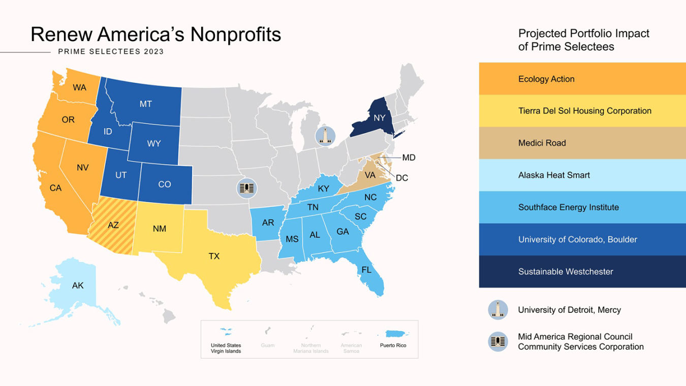 Renew America's Nonprofits Prime Selectees 2023: Map of the US with Projected Portfolio Impact of Prime Selectees