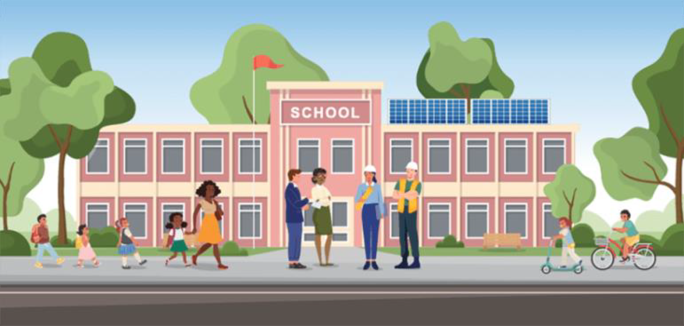 Illustration of school building and community members in front of the building