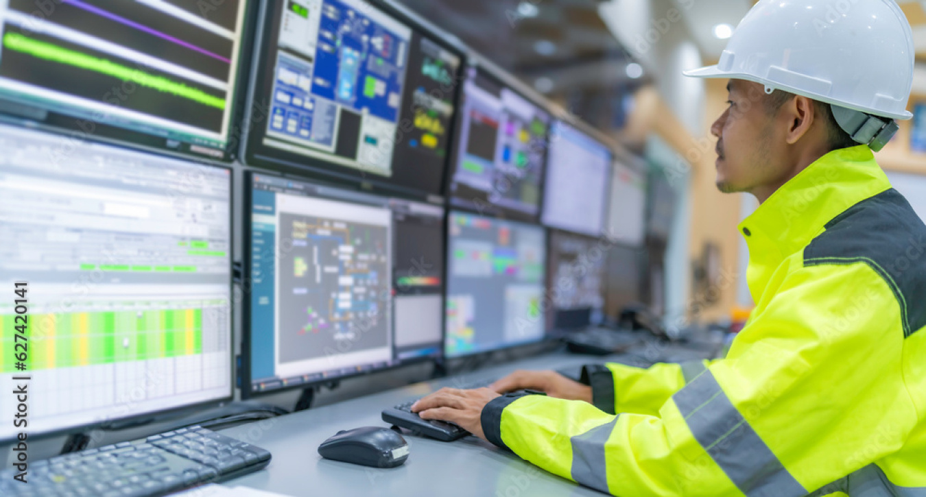 System operator in a hard hat sits in front of a display of monitors. 