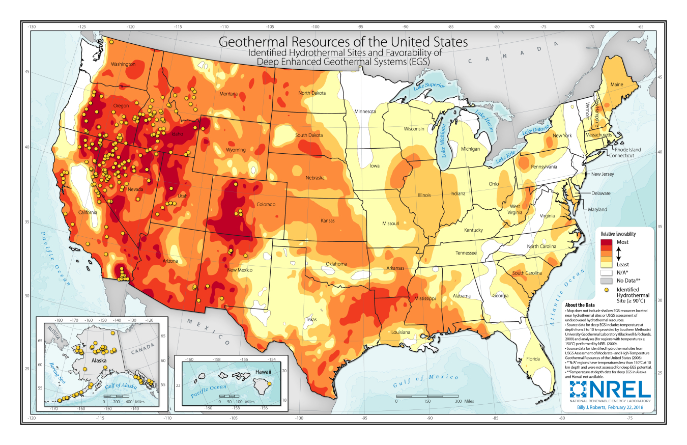 A map of geothermal resources in the United States with the greatest favorability over the western states and Rocky Mountains, along with many sites in Alaska.