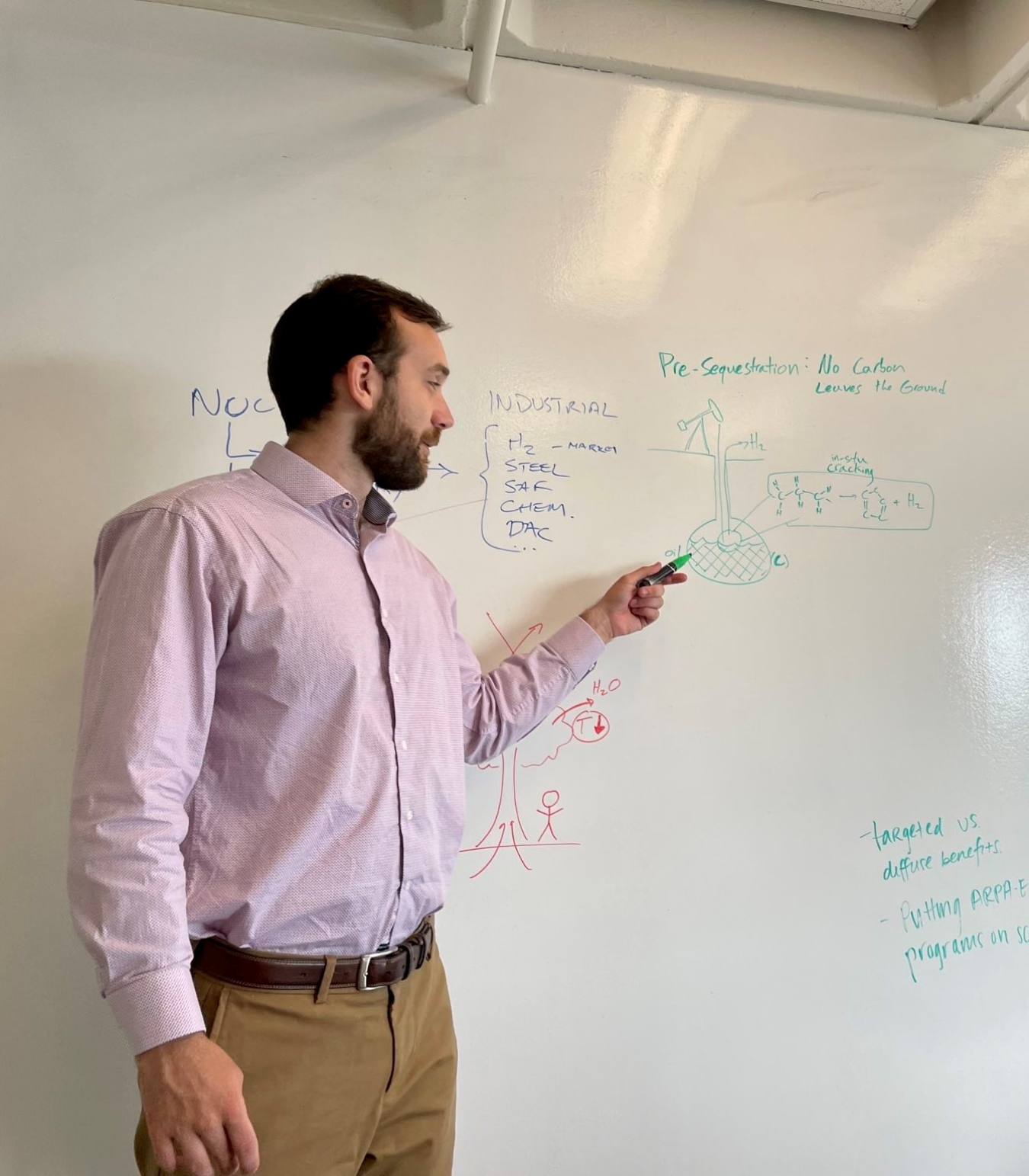 Dr. Jake Russell pointing at a drawing on a whiteboard