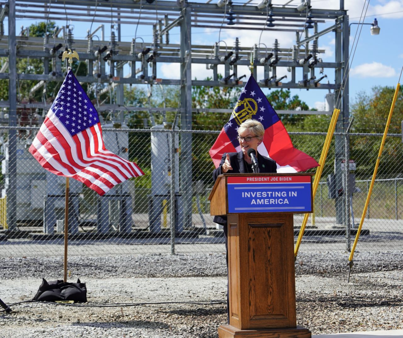 U.S. Secretary of Energy Jennifer M. Granholm announcing the first round of Grid Resilience and Innovation Partnerships (GRIP) Program selections in Locust Grove, GA.