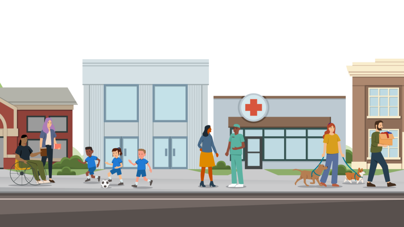 Illustration of community and people walking on sidewalk