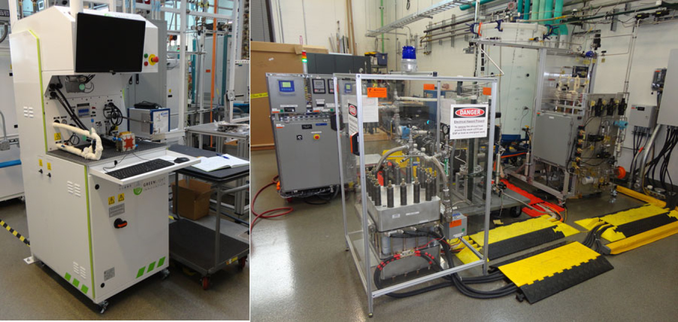 Side-by-side images of an electrolyzer system and an electrolyzer evaluation system.