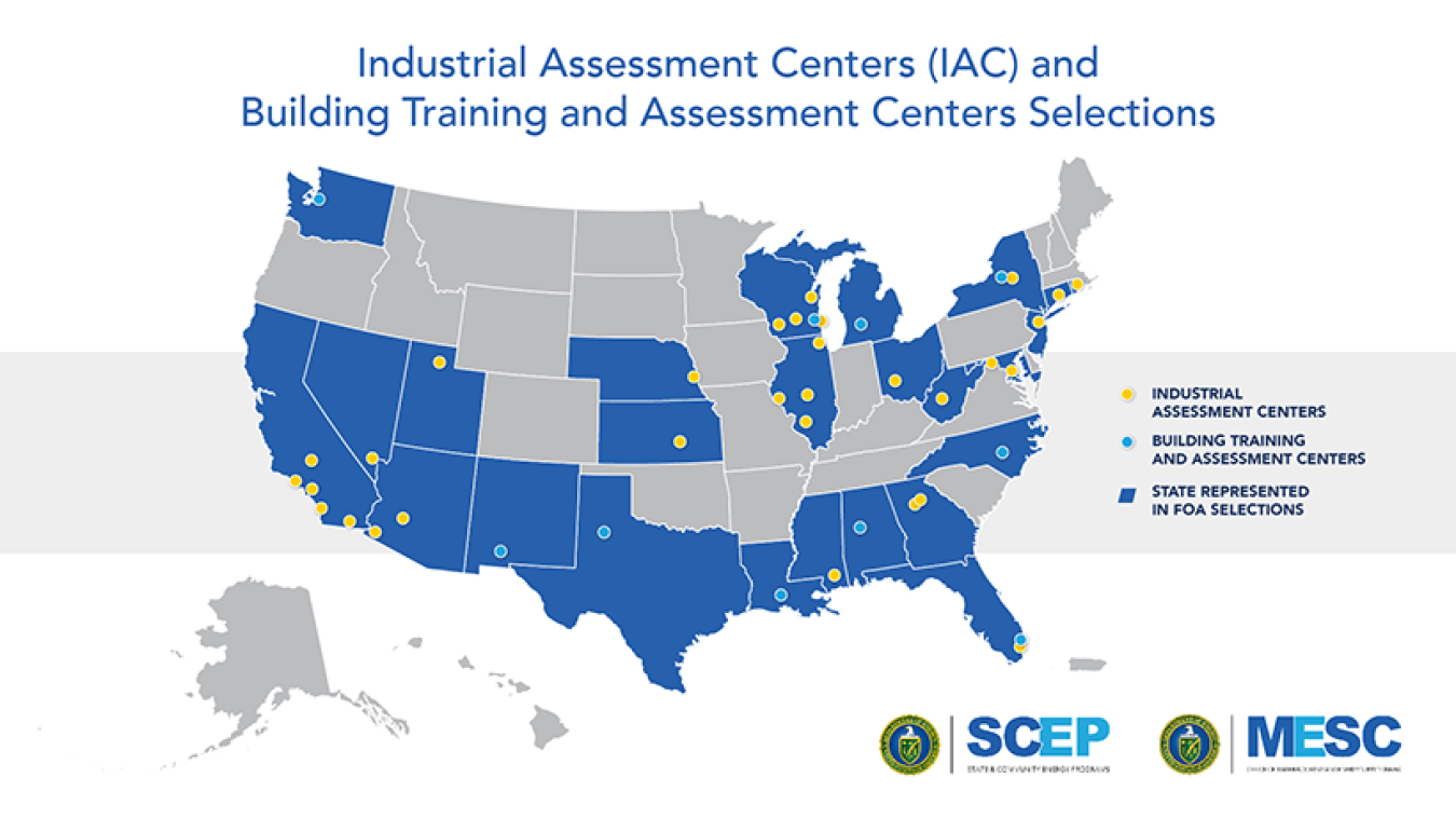 Map of the United States identifying the locations of the industrial assessment centers, and building training and assessment centers selected for the funding opportunity.