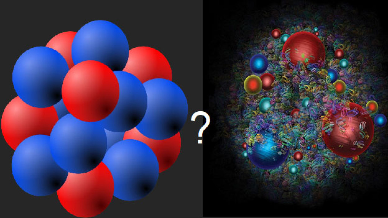 Representation of nuclear matter on the left and of quark matter on the right. The question mark alludes to the question of whether these liquids can be distinguished in a theoretically rigorous manner.