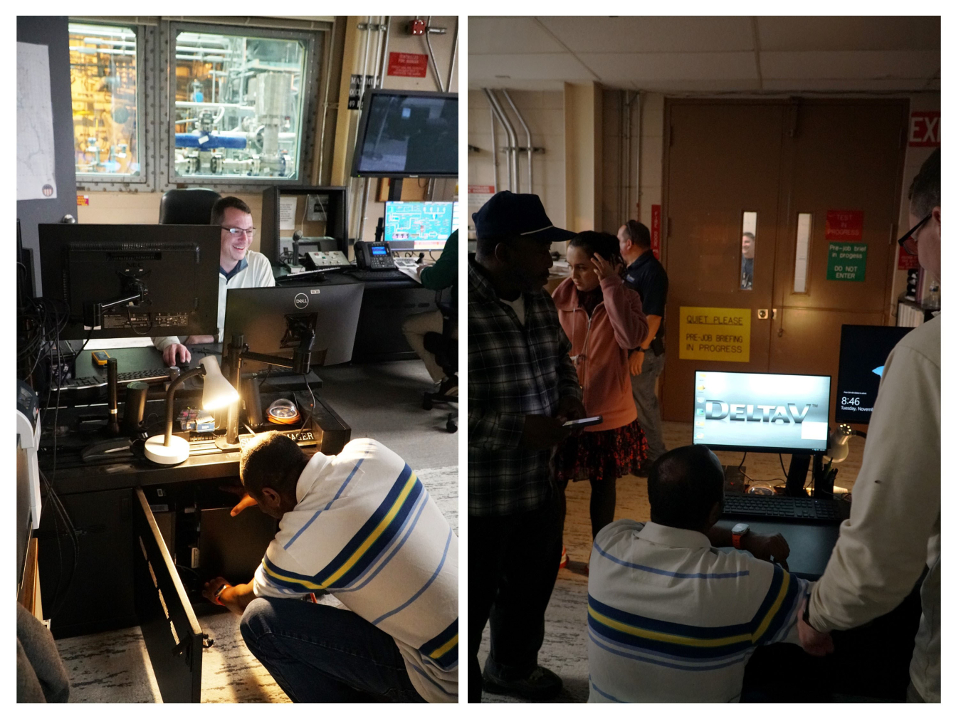A collage of photos of a man doing work inside a control room