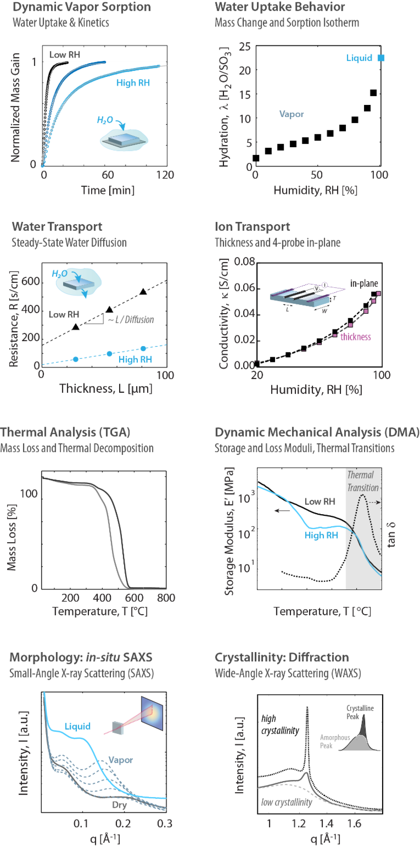 Example plots of dynamic vapor sorption, water uptake behavior, water transport, ion transport, thermal analysis, dynamic mechanical analysis, morphology by in-situ SAXS, and crystallinity: diffraction.