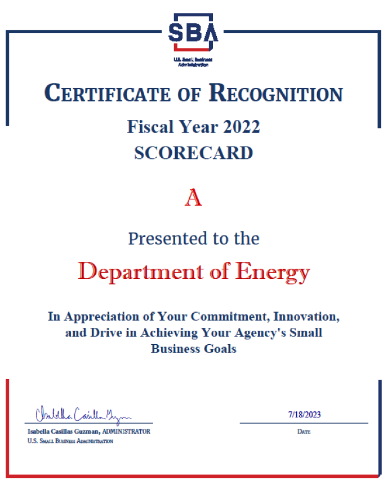 DOE SBA Scorecard Certificate