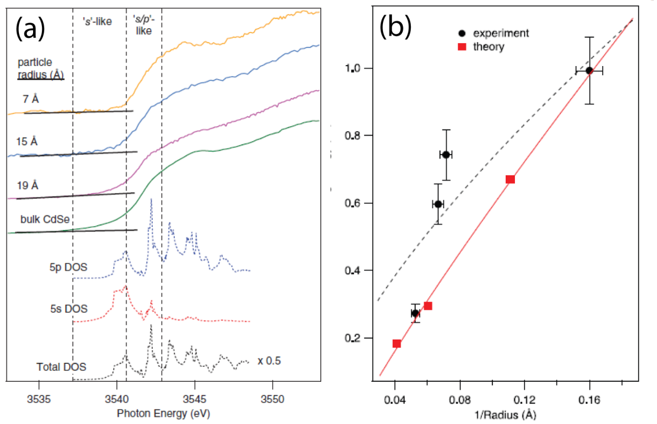 (a) Cd L2-, L3-edge XAS data indicating the size dependent movement in the conduction band edge for CdSe semiconductor nanocrystals and (b) the evolution in excition binding energy derived from these results [3].
