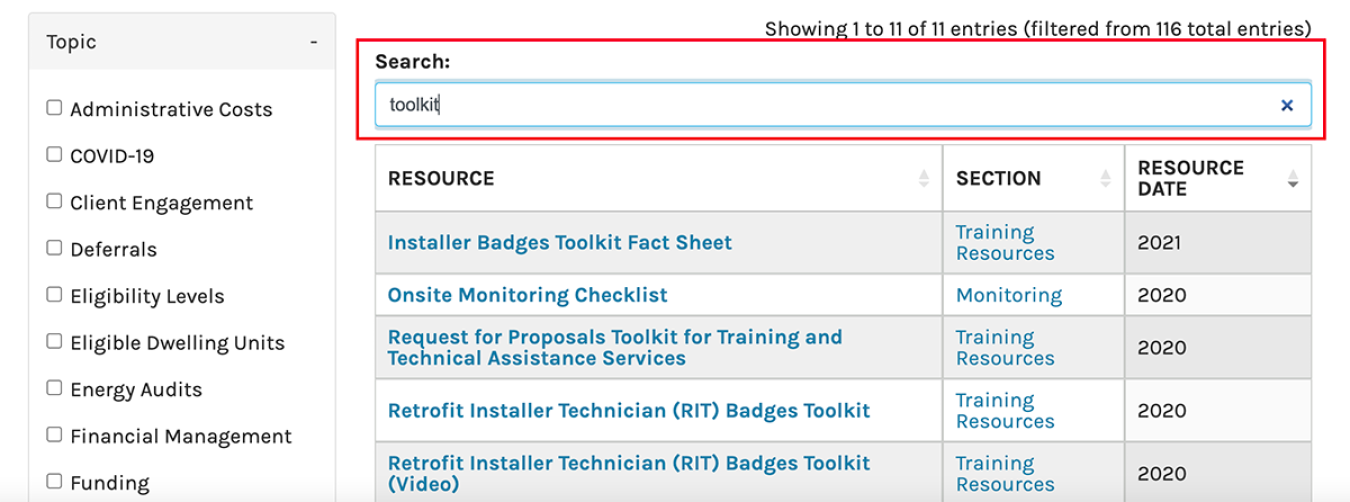 Screenshot of the search box for the resource hub
