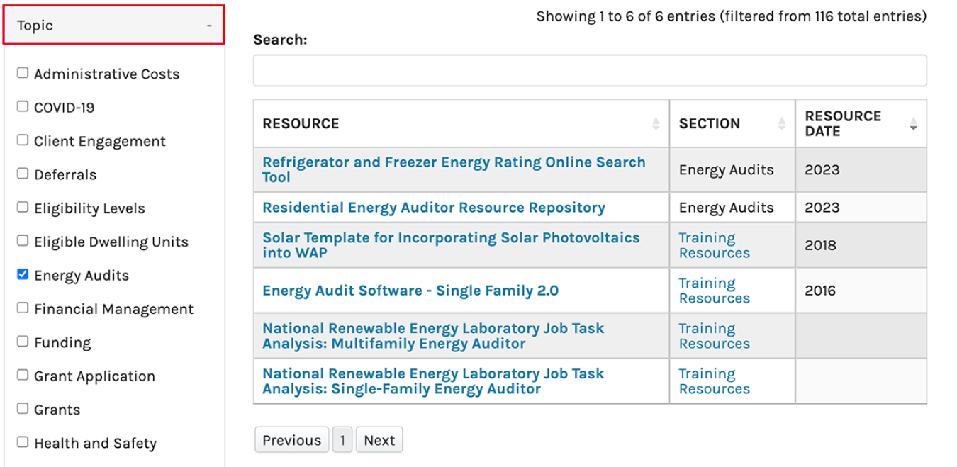 Screenshot of the Topic checklist for the resource hub