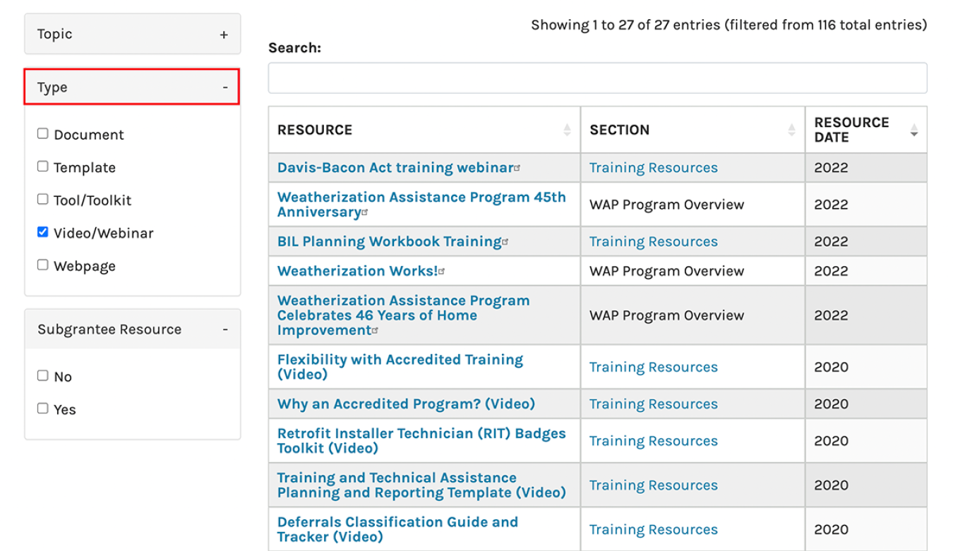 Screenshot of the Type checklist for the resource hub