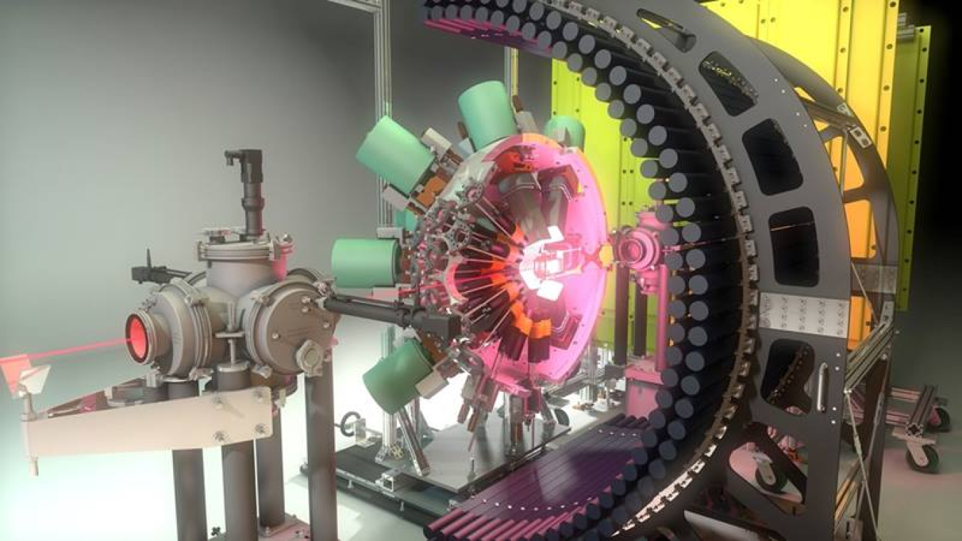 Computer rendering of the experimental setup to detect decay signatures of isotopes. A beam of excited sodium-32 nuclei implants and decays in the Facility for Rare Isotope Beams Decay Station initiator.