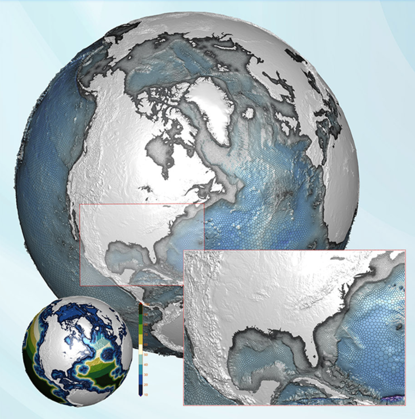 The Model for Prediction Across Scales framework uses unstructured Voronoi tessellation meshes for sea ice dynamics. This approach captures sea ice in greater complexity than other methods and allows researchers to focus on specific regions of interest.