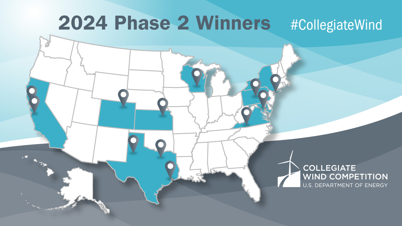 A graphic of a map showing where the Collegiate Wind Competition 2024 teams are based