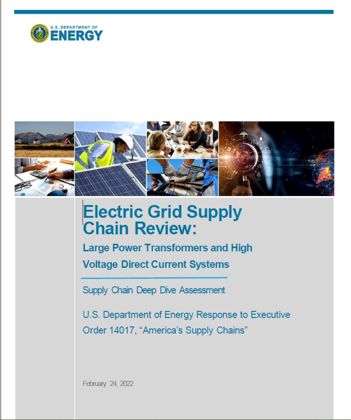 Cover of the Electric Grid Supply Chain Review Report with a collage of photos at top. 