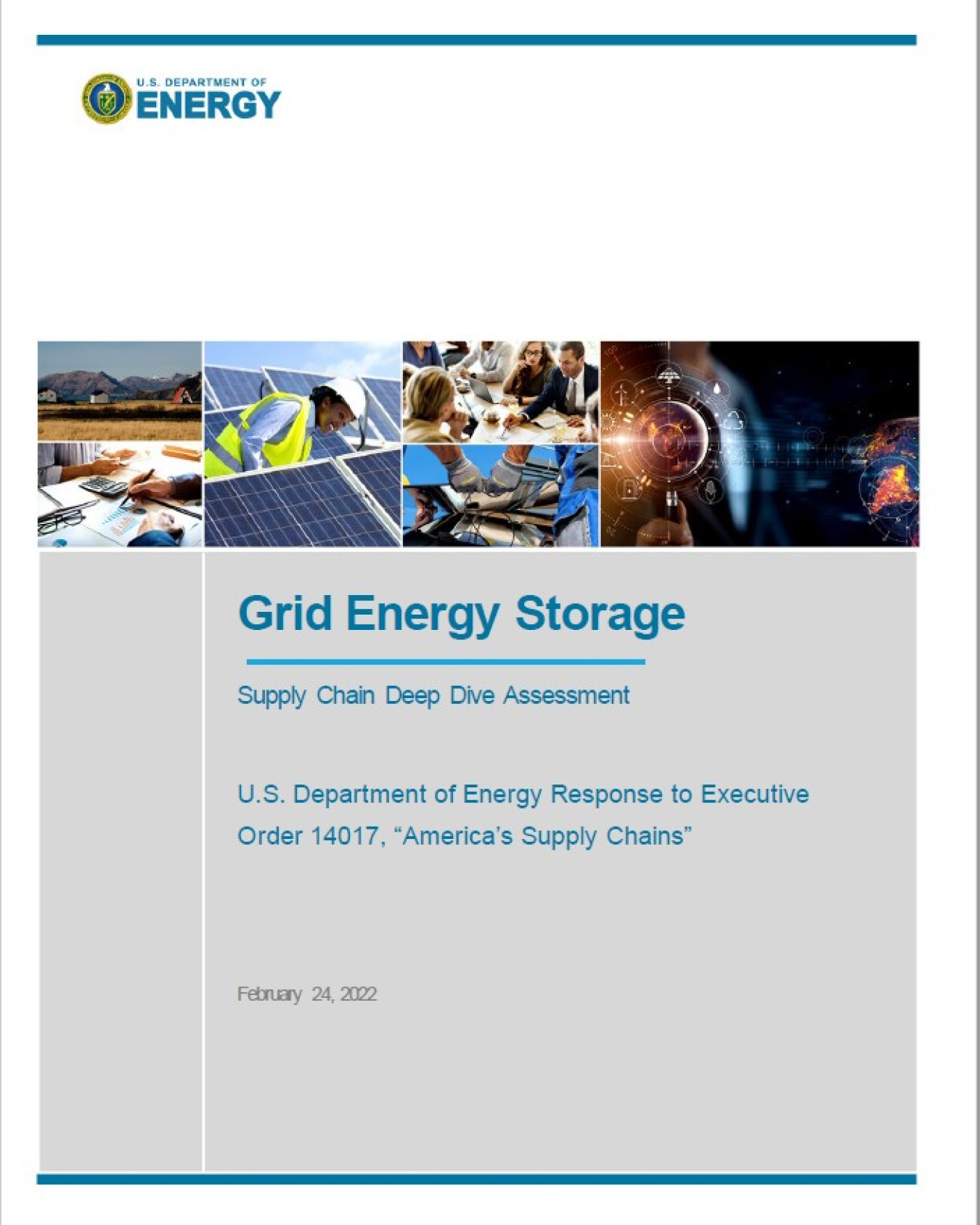 Cover of the Grid Energy Storage Supply Chain report with collage of photos at top