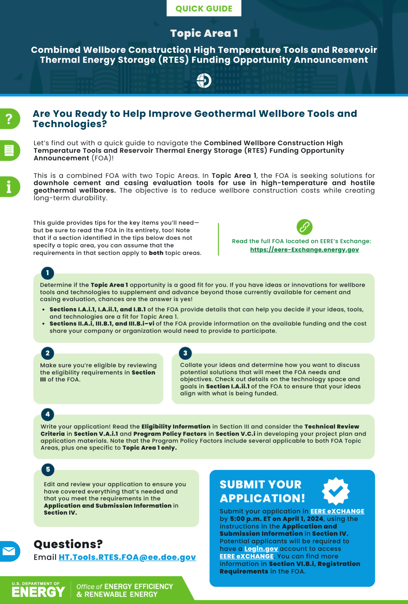Topic Area 1 Quick Guide for GTO's Combined Wellbore Construction High Temperature Tools and Reservoir Thermal Energy Storage (RTES) Funding Opportunity Announcement