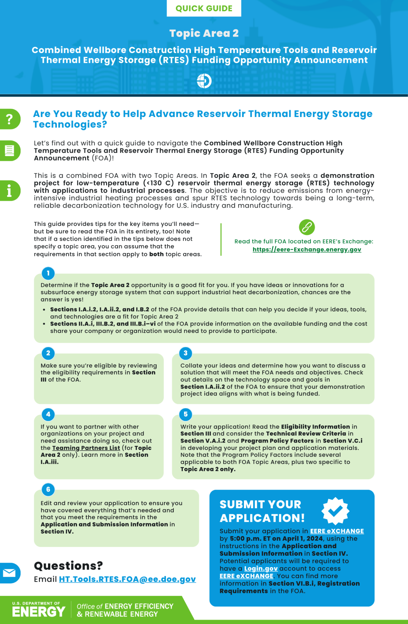 Topic Area 2 Quick Guide for GTO's Combined Wellbore Construction High Temperature Tools and Reservoir Thermal Energy Storage (RTES) Funding Opportunity Announcement