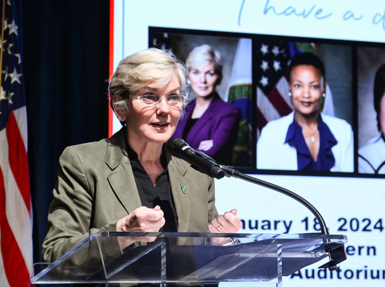 Secretary Jennifer Granholm addresses the audience. 