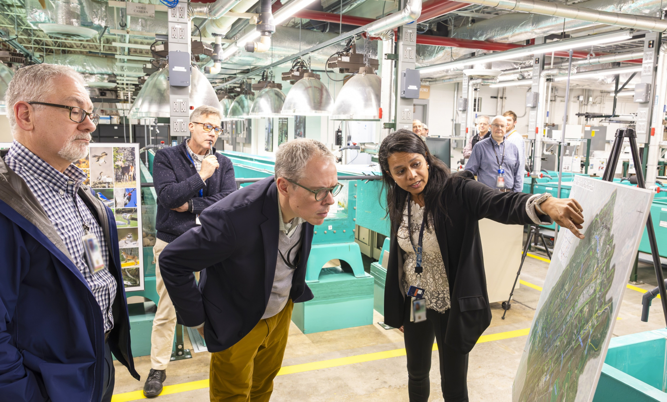 Teresa Mathews, a senior scientist and group leader for the Biodiversity and Ecosystem Health Group at Oak Ridge National Laboratory (ORNL), shows EM Senior Advisor William “Ike” White a map.