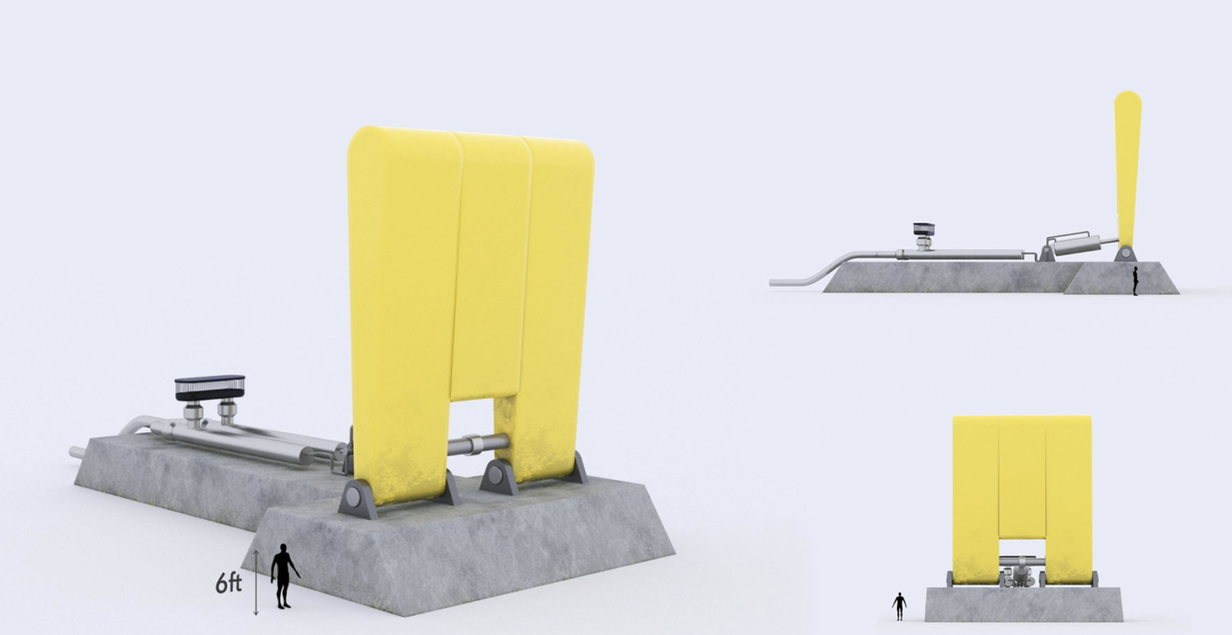 Illustration showing how the size of a surge flap compares to a 6-foot-tall person.