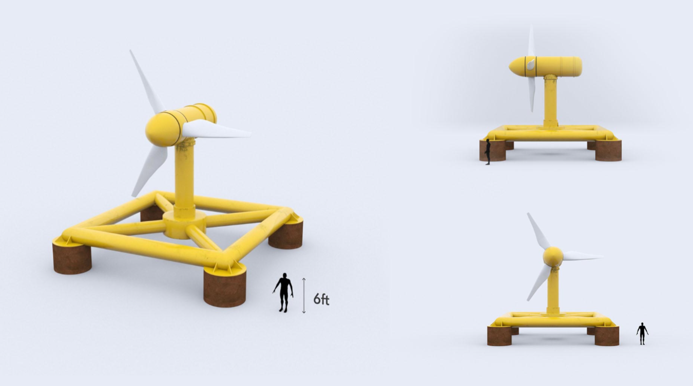 Illustration showing how the size of a tidal turbine compares to a 6-foot-tall person.