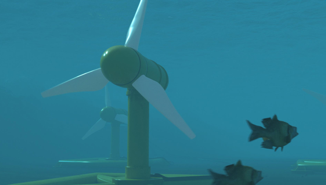 A tidal turbine seen underwater, with fish swimming in front of it